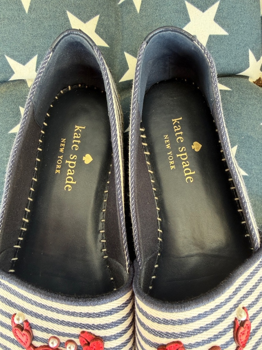kate spade Navy and White Striped Slip-On Flats with Red Crab Embellishments - Picture 2 of 7
